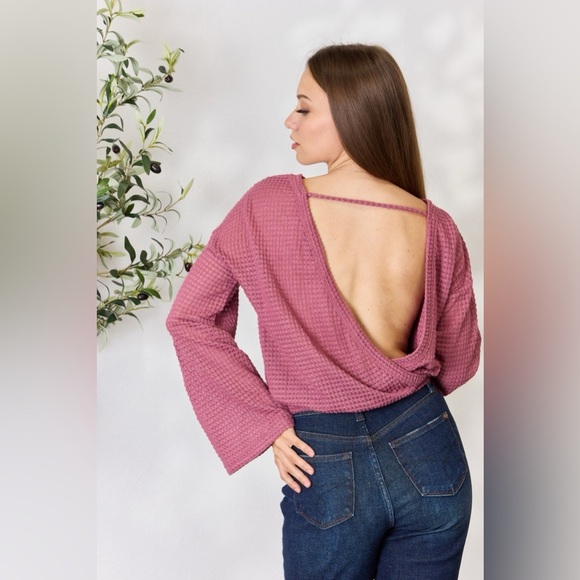 Culture Code Waffle-Knit Round Neck Long Sleeve Blouse - Picture 3 of 12